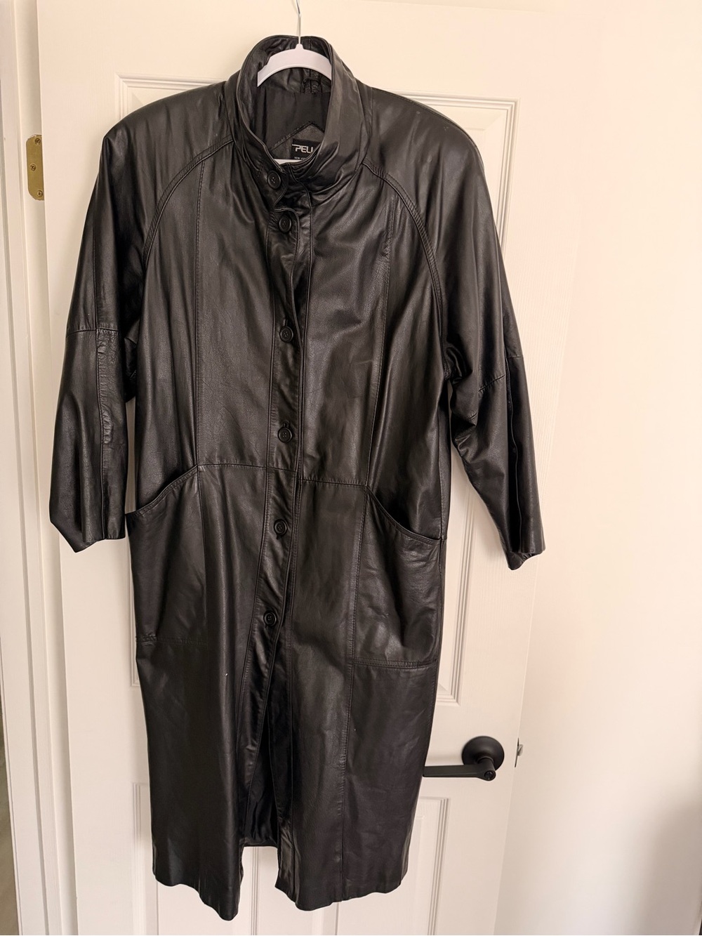 Pelle Black Leather Long Button-Front Coat